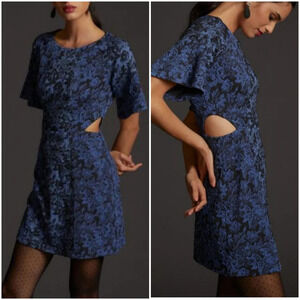 Anthropologie, New, Blue Black Jacquard Cut-out Mini Dress, Size 8